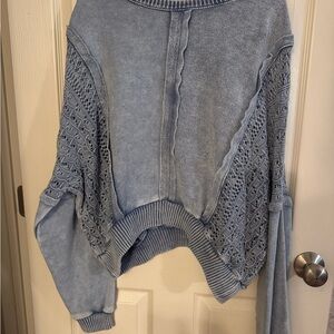 Blue Knit Sweater with Lace Sleeves